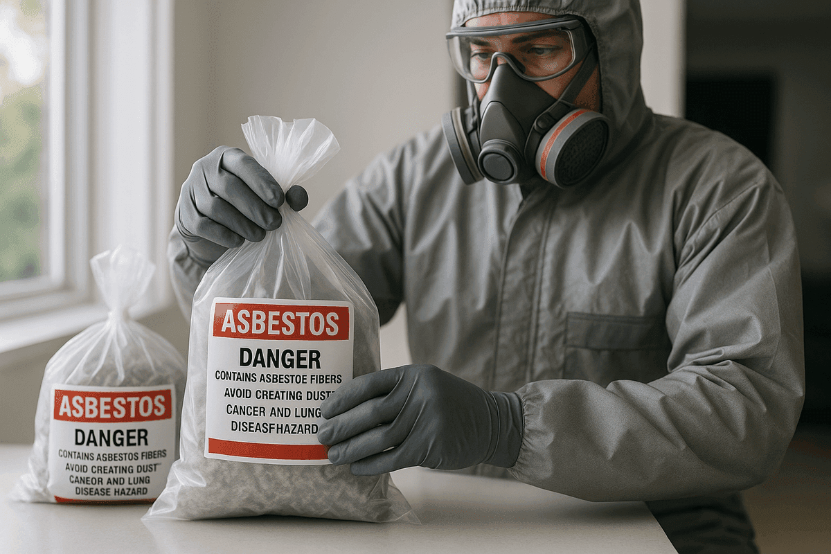 Close-up of technician’s gloved hands sealing asbestos waste bags in a tidy home
